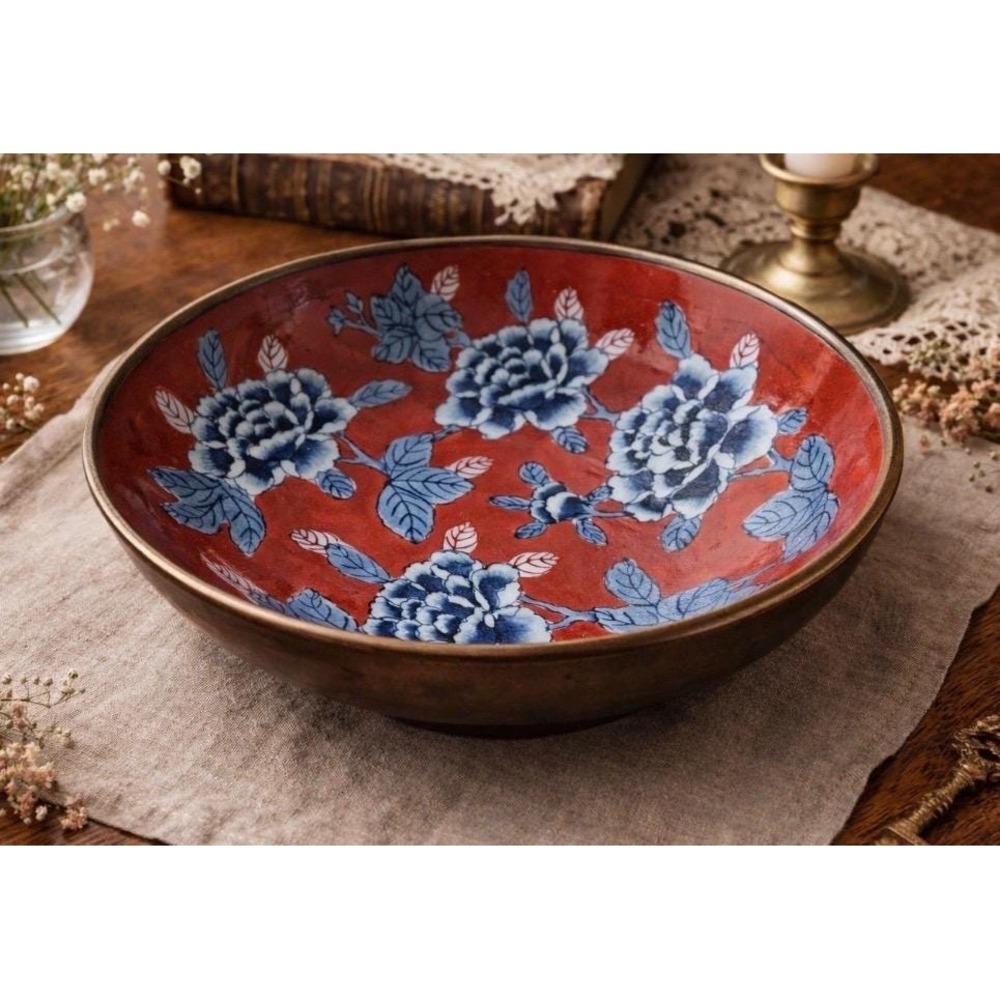 Vintage ACF Japanese Porcelain Ware Bowl Hand Decorated In Hong Kong Brass 7in